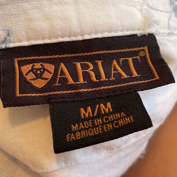 Vtg 90s/Y2K Ariat white torn ribbon snap front shirt with blue floral embroidery - Picture 7 of 9